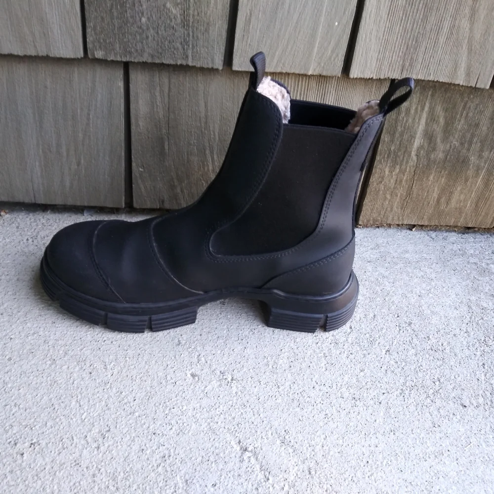 Ganni Black Lug Sole Chunky Heel Rubber Rain Ankle Boots Shoes Size 38 - Picture 7 of 10